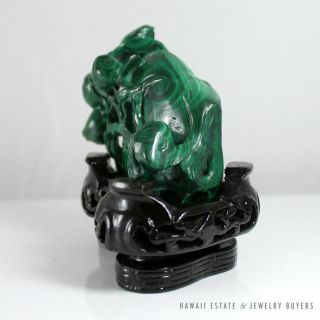 CHINESE CARVED MALACHITE GREEN TABLETOP SCULPTURE WITH WOODEN BASE,  BOX 5
