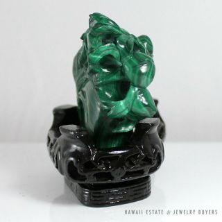 CHINESE CARVED MALACHITE GREEN TABLETOP SCULPTURE WITH WOODEN BASE,  BOX 6