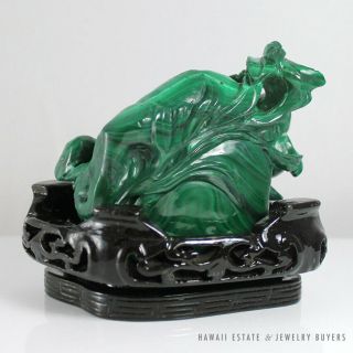 CHINESE CARVED MALACHITE GREEN TABLETOP SCULPTURE WITH WOODEN BASE,  BOX 7