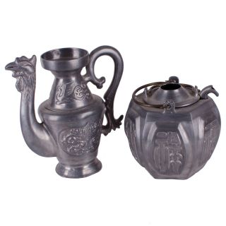 Chinese Pewter Hexagonal And Rooster Teapots