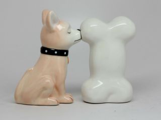 Chihuahua Loves Dog Bone Ceramic Salt & Pepper Shakers Set.  Magnetic Attached