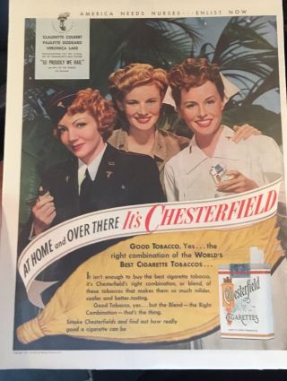 1943 WW II Patriotic Chesterfield Ad “So Proudly We Hail” America Needs Nurses 3