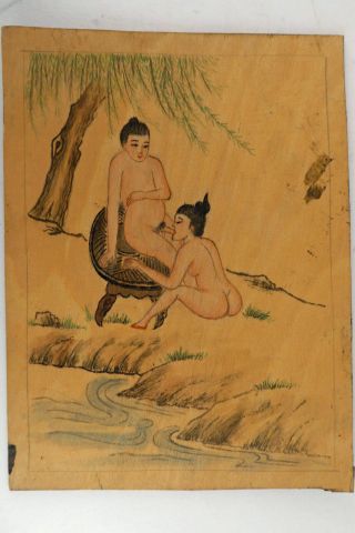 Antique Shunga Chinese Hand Painted Erotic Art On Wood Lovers Deco