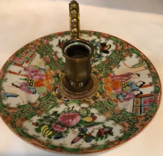 Rare Antique Chinese Rose Medallion Famille Candle Holder Asian Gold Brass 7.  5”