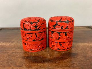 20th C.  Pair Chinese Red And Black Lacquer Three Stacking Covered Boxes