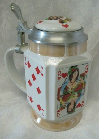 Vintage Playing Card Ceramic Stein With Zinc Lid