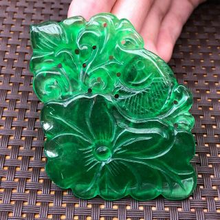 Rare Collectible Green Jadeite Jade Carved Handwork Chinese Lotus & Fish Pendant