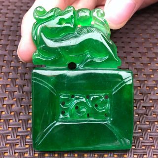 Collectible Chinese Handwork Green Jadeite Jade Fortune Pi Xiu Square Pendant