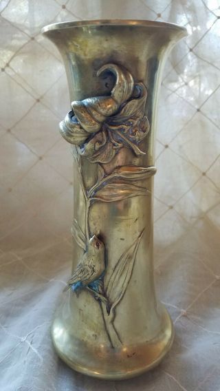 Stunning Antique Early Japanese Meiji? Gilt Bronze Brass 9 " Vase Lily And Bird