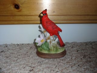 Vintage Homco Cardinal Bird Figurine With Pink Flower