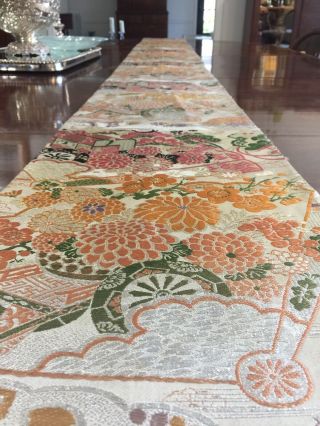 Vintage Japanese Kimono Gold And Silver Silk Fabric Table Bed Runner