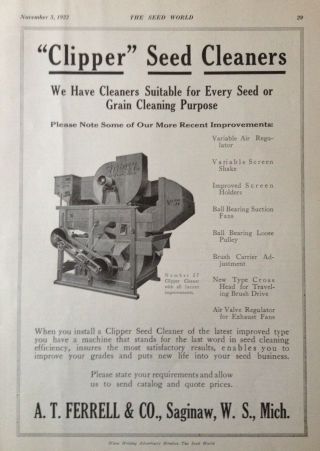 1922 Ad (xe1) A.  T.  Ferrell & Co.  Saginaw,  Mi.  " Clipper " Seed Cleaner Machine
