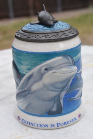 Anheuser Busch Sea World Beer Stein Pewter Lid Dolphins " Extinction Is Forever "