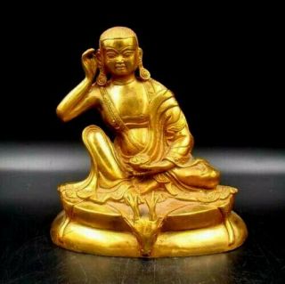 Very Old Buddha Long Ear Statue Gold Gilt Copper Buddha Figure Polished Base