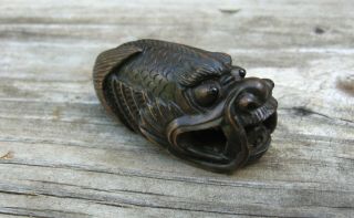 Vintage Chinese Hand Carved Wood Dragon Fish Pendant