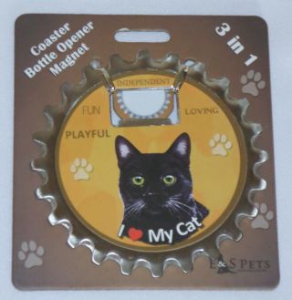 I Love My Cat Black Coaster Bottle Opener Magnet 3 In 1 Paw Prints Kitten Pet