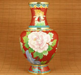 Big Chinese Old Red Colour Enamels Cloisonne Hand Painting Flower Bird Vase Deco