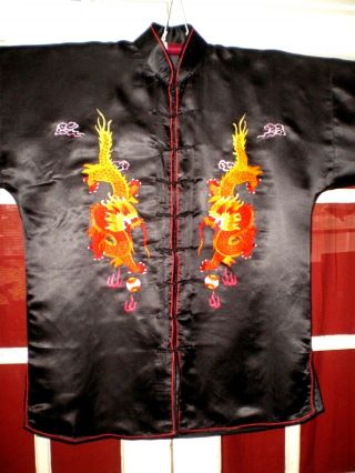 Antique Chinese Black Silk Jacket/robe W/embroidered Dragons & Pearls Sz Xxl