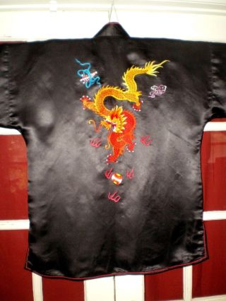 Antique Chinese Black Silk Jacket/Robe w/Embroidered Dragons & Pearls Sz XXL 2
