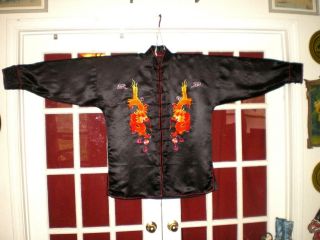 Antique Chinese Black Silk Jacket/Robe w/Embroidered Dragons & Pearls Sz XXL 3