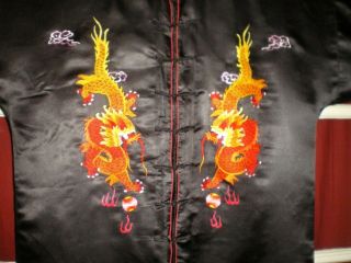 Antique Chinese Black Silk Jacket/Robe w/Embroidered Dragons & Pearls Sz XXL 4