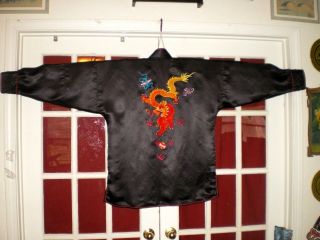 Antique Chinese Black Silk Jacket/Robe w/Embroidered Dragons & Pearls Sz XXL 7