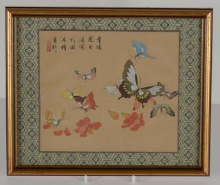 Vintage Chinese Watercolor Painting On Silk Butterflies Calligraphy Seal Flowers