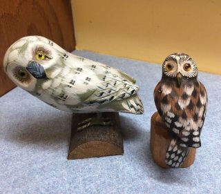 2 Vintage Wood Carved And Painted Vintage Owl Figurines