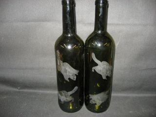 2 Etched Flying Squirrel Glass Wine Bottle Candleholders