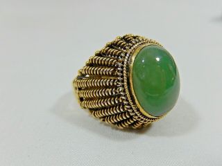 Antique Chinese Export Lg.  Green Jade Sterling Silver Vermeil Bold Dome Adj Ring