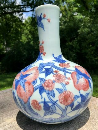 Chinese Porcelain Copper Red & Blue Peach & Blossom Tree Meiping Vase Republic