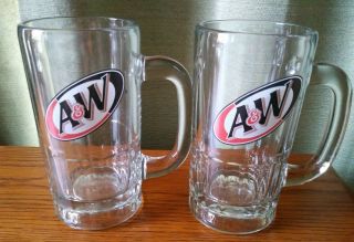 2 A&w Root Beer Clear Glass Mug Orange/brown Logo Thick And Heavy 6 " Tall