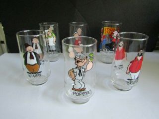 6 Rare Vintage 1975 Coca Cola Popeye Series Drinking Glasses & 1 Olive Oyl Glass
