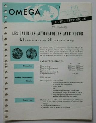 Omega Watches Calibre 471 & 501 1955 Technical Guide Dealer Brochure - French