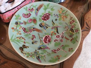 19th C Antique Chinese Porcelain Celadon Greenware Famille Rose Plate