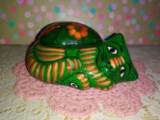 Hand Painted Terra Cotta Green Cat With Flowers Trinket Box