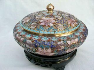 A Early 20th Century Chinese Cloisonné Bowl & Cover On Wooden Stand.