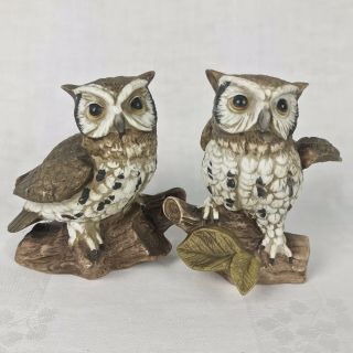 Vintage Owl Homco Home Interior Ceramic Porcelain Bisque Figurine Set Of 2