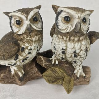 Vintage Owl Homco Home Interior Ceramic Porcelain Bisque Figurine Set Of 2 2
