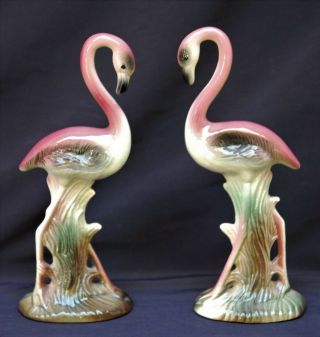 Vintage 2 Art Deco Pink Flamingoes Mid - Century Ceramic Figurines