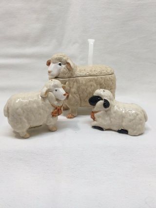 Vintage 1983 Otagiri Woolly Sheep/lamb Salt,  Pepper And Jam Sugar Set Japan