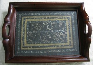 Old Chinese Blue Floral Embroidered Silk Panel In Antique Carved Wood Tray