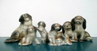 Vtg Antique Set Of 5 Pekingese Dog Family Figurines One Cuddling W Cat Germany