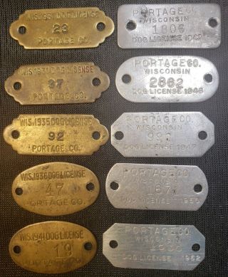 10 Vintage Dog License Tags All Portage Co.  Wisconsin From 1931 - 1952