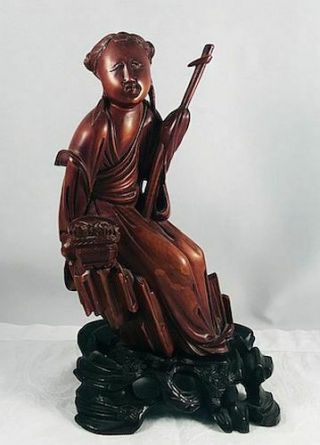 Antique Chinese Hand Carved Boxwood Woman W Flower Basket On Custom Stand