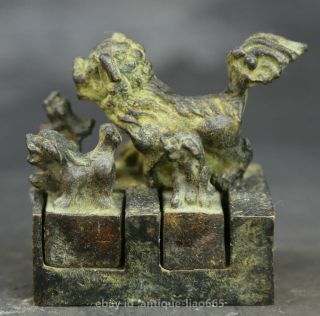 2.  4 " Collect Old Chinese Bronze Animal Foo Fu Dog Four Lion Seal Signet Statue