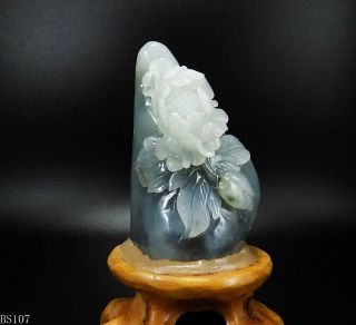 Natural Jade Statue Sculpture Hand Carved 125g Peony Flower Wood Stand Bs107