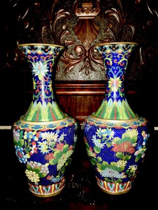 2 Antique Vintage Bold Chinese Cloisonne Copper Enameled Vases Pair Set Brass