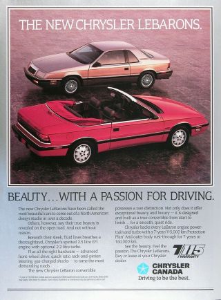 1988 Chrysler Lebaron Convertible & Coupe Vintage Ad Rare Cdn Ad
