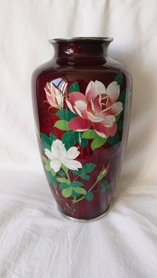 Stunning Large Japanese Blood Red Ginbari Cloisonne Vase With Roses